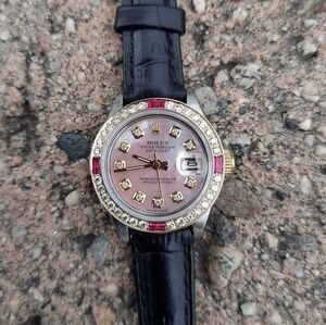 Rolex Ladies 26mm Datejust 6919 Pink mop diamond on leather strap